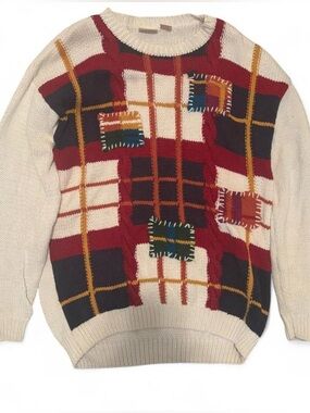 Vintage Huntington ridge Cream Plaid Crewneck Sweater with colorful Patchwork